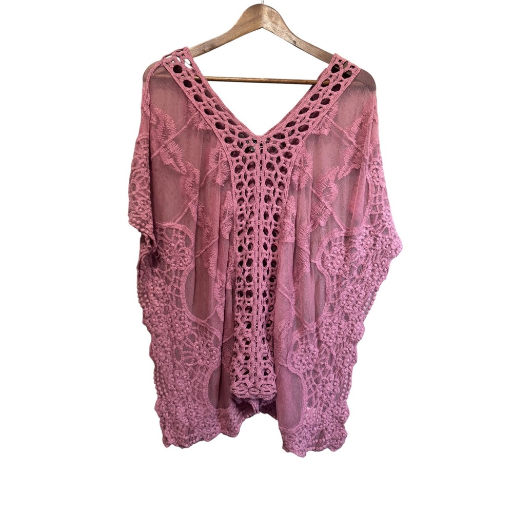 Vivid Crochet Lace Poncho Women L Pink Excellent Boho Sheer Mesh Top 880